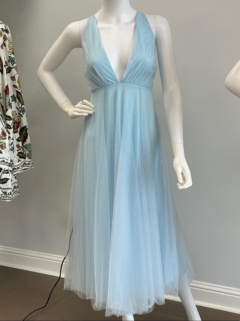 Hello Molly Powder Blue Plunge Tulle Midi Dress